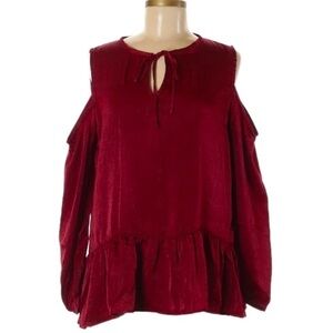 🌺 Harlowe & Graham Satin Red Boho Cold Shoulder Peplum Blouse Size M